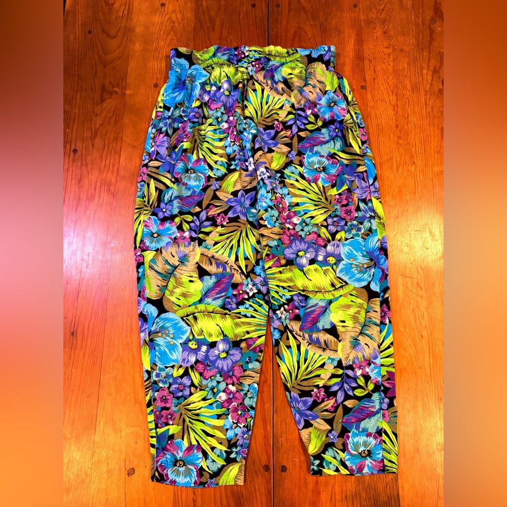 Vintage 80s Christine David Colorful Floral Elastic Waist Pants Women Large